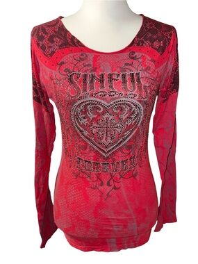 Y2K Sinful by Affliction Top Red Grunge Cyber Skull Lace Shredded Back no size